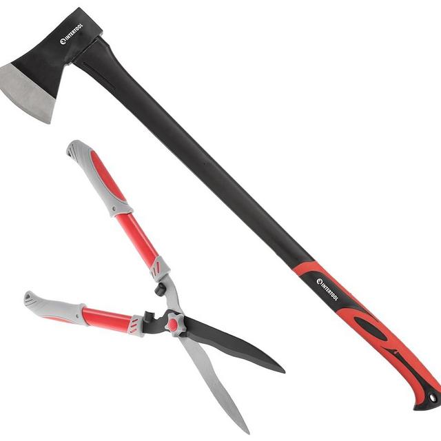 INTERTOOL Wood Chopping Axe and Hedge Clipper Set - 36" Felling Ax Fiberglass - 22" Manual Trimmer Shears - HT-0264-FT-1102