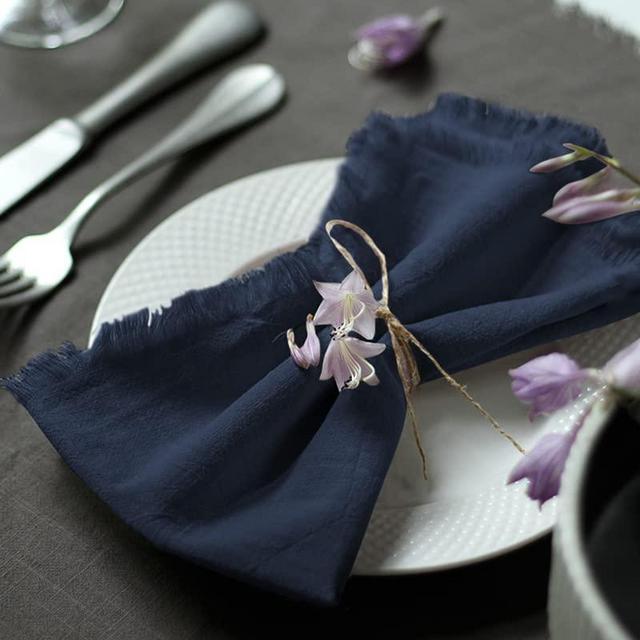 Ayuzawa Handmade Cloth Napkins 100% Cotton Napkins with Fringe，Delicate Handmade Cloth Napkins for Dinners, Parties, Weddings and More，18 x 18 Inch Set of 4 - Navy Blue