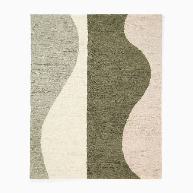 Modern Wave Shag Wool Rug, 5x8, Dark Olive