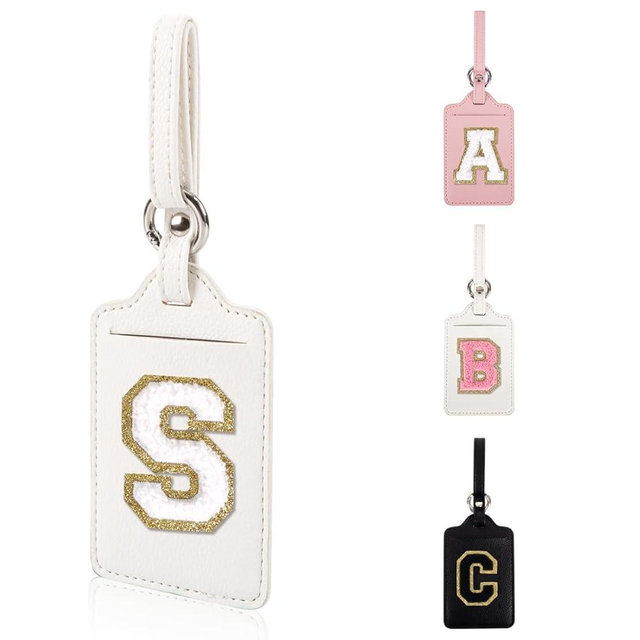 Personalized Initial Luggage Tags for Suitcases, Leather Chenille Letter Cute Luggage Tags with Privacy Name Card, Embroidered Travel Bag Backpack Tag Gifts for Women Kids Girls Teens(White-S)