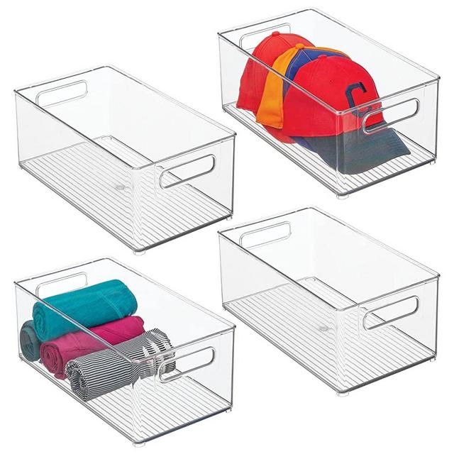 mDesign Deep Plastic Storage Organizer Container Bin, Closet Organization for Hallway, Bedroom, Linen, Coat, and Entryway - Holds Clothing, Blankets, Accessories, Toys, and Essentials, 4 Pack, Clear