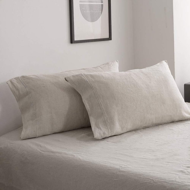 Simple&Opulence 100% Belgian Linen Pillowcase Embroidered-Set of 2, Queen(Standard) Size(20''x30''), Stone Washed Solid Color-Soft and Durable, Linen