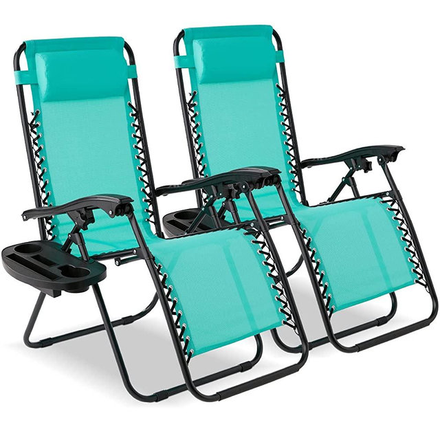 Best Choice Products Set of 2 Adjustable Steel Mesh Zero Gravity Lounge Chair Recliners w/Pillows and Cup Holder Trays - Mint