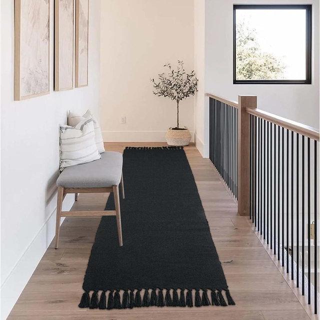 Seavish Long Hallway Runner Rug, 2x8 Black Kitchen Runner Rug Machine Washable Low-Pile Stair Carpet Runner Entryway Floor Rug Cotton Reversible Area Rug for Living Room Bedroom Patio Door Foyer
