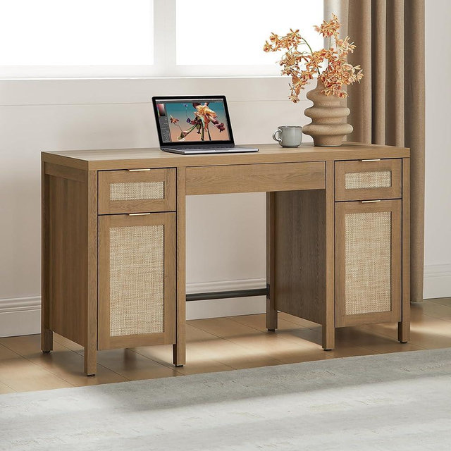 SICOTAS 52" Home Office Desk with Storage - Rattan Executive Desk with 3 Drawers and 2 Cabinets, Farmhouse Boho Larger Computer Writing Table for Study, Office, Living Room, Oak