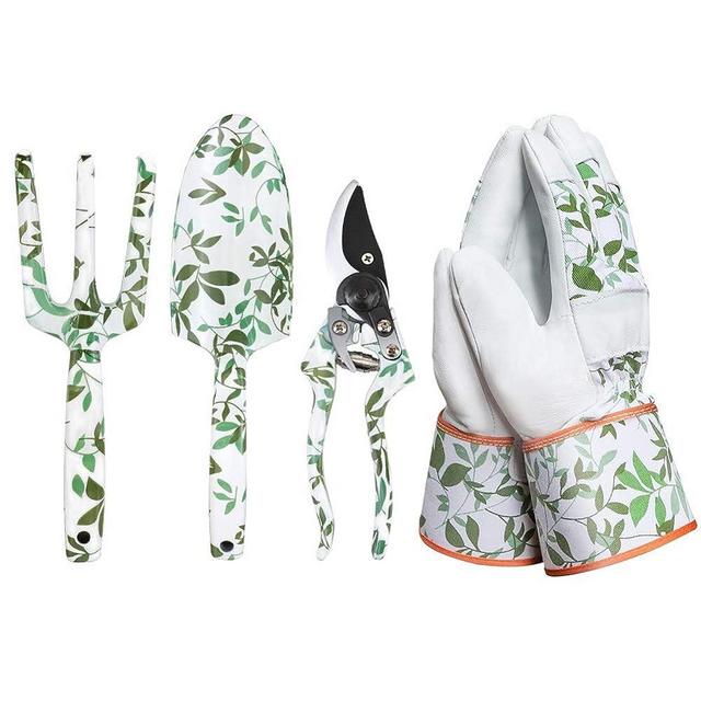 Megawodar Leather Gardening Gloves with 2Pcs Garden Tools and 1Pc Pruning Shear for Men and Women, Medium Size