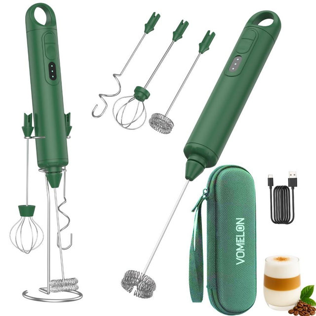 Rechargeable Milk Frother Handheld 3 Speed Coffee Foamer [3 Whisk] Electric Drink Mixer for Latte, Cappuccino, Coffee, Eggs, Hot Chocolate,Grass Green