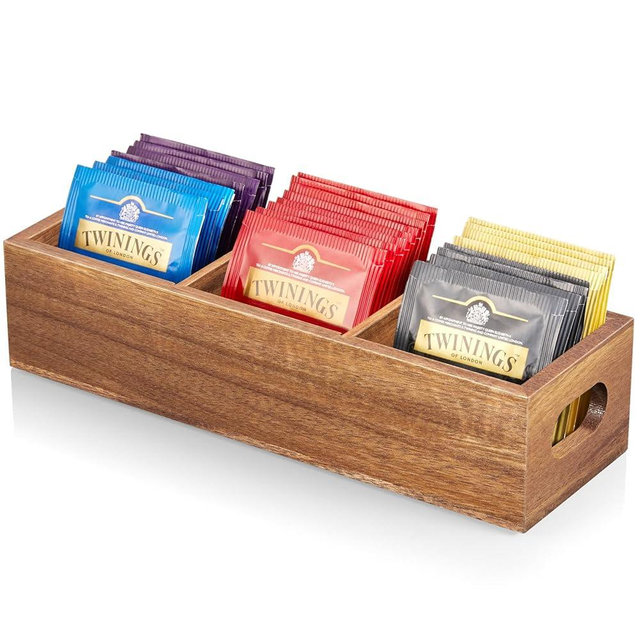 DRASTAR Tea Bag Organizer, Acacia Tea Bag Holder, Tea Storage Containers with 3 Slots, Wooden Sugar Packet Holder, Mini Tea Bag Caddy Box for Countertop