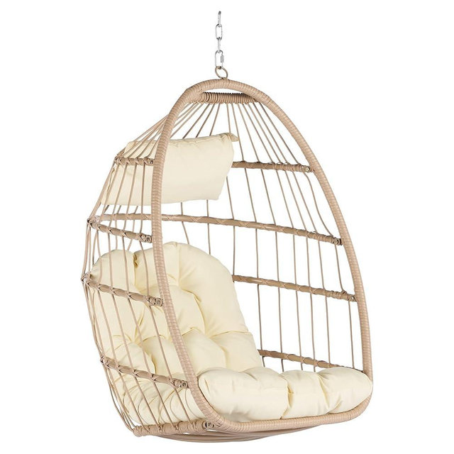 BRIGHTREE Wicker Egg Chair Without Stand,Indoor Outdoor 360 Swivel Hanging Egg Chair Rattan Patio Basket Chair no Stand Foldable Hammock Egg Chair with Cushion for Bedroom Balcony