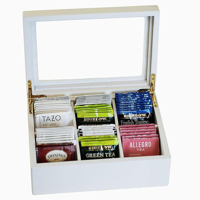 Break Tradition Wooden Tea Organizer For Tea Bags - Black Wooden Tea Chest With 6 Compartments - Clear Top Window - Lid Stays Open (White)