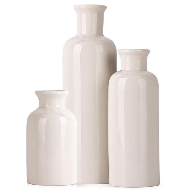 Ceramic Vase 3 Piece Set, Farmhouse Decor White Crackle Ceramic Small vase for Country Home Decoration, Living Room Decoration, Table Decoration, Fireplace, and Entrance Decoration Centerpieces