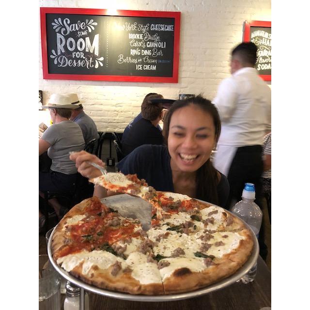 Someone is a little too excited to try the pizza (New York, Summer 2018).