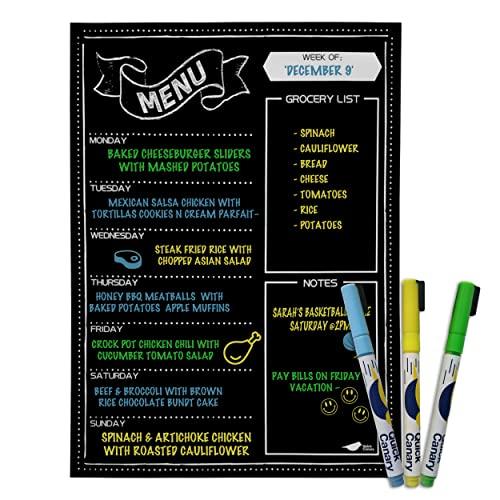 Magnetic Menu Board for Kitchen Fridge with Vibrant Neon Chalk Markers - 16x12" - Dry Erase Weekly Meal Planner and Grocery List Notepad for Refrigerator - Latest Premium Easy to Erase Chalkboard
