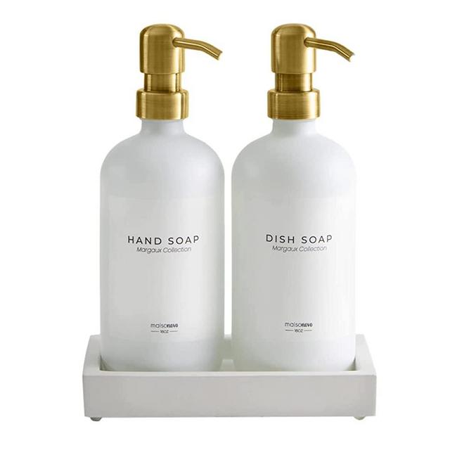 MaisoNovo Glass Soap Dispenser with Pump and Concrete Tray(Upgraded) | Vintage Soap Dispenser Bathroom & Kitchen Set w. Dish Soap, Hand Soap, Lotion Waterproof Labels (White Bottles + Gold Pump)