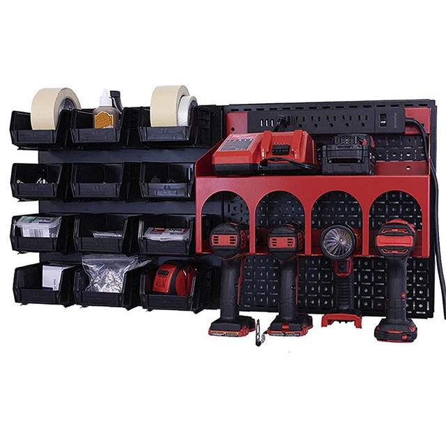 OmniWall PowerStation- 32"x16" Metal Pegboard Wall Storage With Bin Storage For Cordless Drills Black/Red