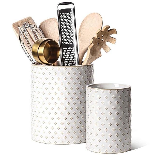 LE TAUCI Utensil Holder, 7.1"+5.4" Ceramic Kitchen Utensil Holder for Counter top, Embossed Cooking Utensil Organizer for Spatula & Spoon, Kitchen Decor, Set of 2, Arctic White, Clover