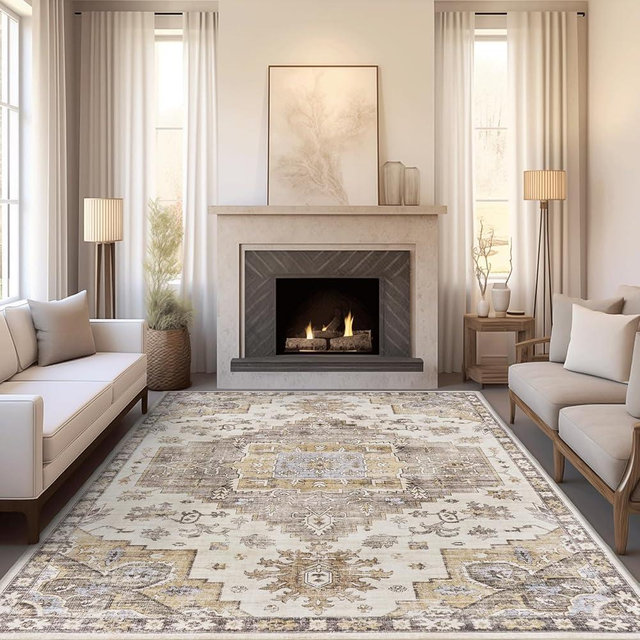 befbee 8x10 Area Rugs for Living Room, Stain Resistant Neutral Washable Rugs for Dining Rooms, Floral Vintage Non-Slip Thin Large Size Area Rug(Brown)