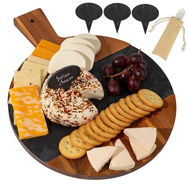 Charmont large acacia wood & slate charcuterie board and cheese board set: perfect for serving cheeses, meats or fruits, includes 4 beautiful slate cheese markers & 3 chalk pens.