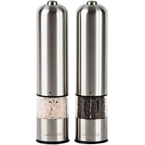 Electric Salt and Pepper Grinder Set - Automatic, Refillable, Battery Operated Stainless Steel Spice Mills with Light - One Handed Push Button Peppercorn Grinders and Sea Salt Mills