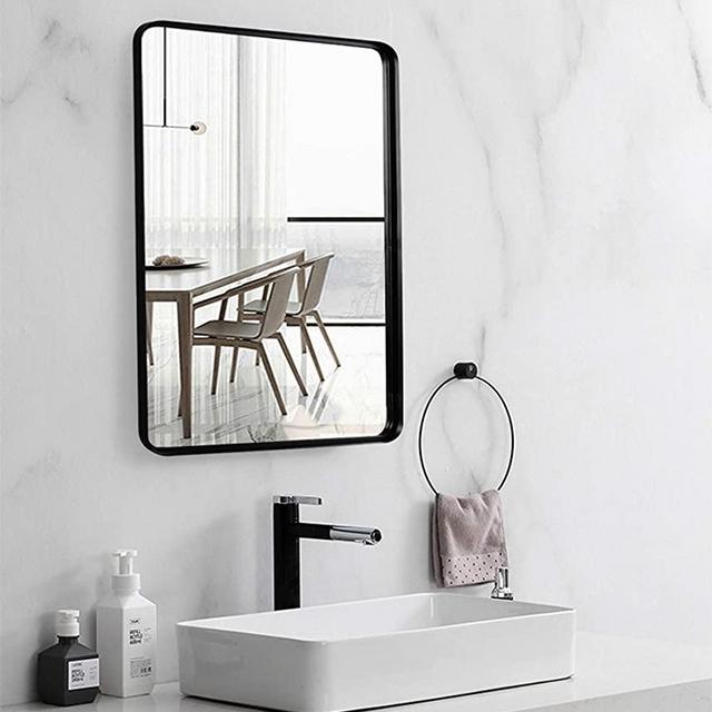 Black Wall Framed Rectangular Mirrors for Bathrooms (22"x30"), Large Rectangle Mirror with Brushed Glass Panel, Modern Home Entryway Decor Mirror with Corner Deep Design, Hangs Horizontal or Vertical