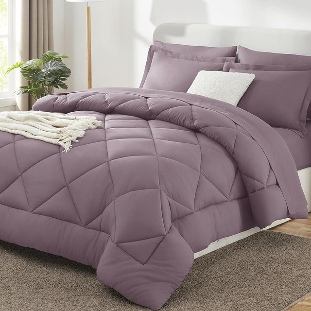 CozyLux Queen Comforter Set Dusty Purple - Bed in a Bag Queen Size 7 Pieces, Soft Bed Set for All Seasons, Bedding Set with Down Alternative Comforter, Sheets, Pillowcases & Shams, Grayish Purple