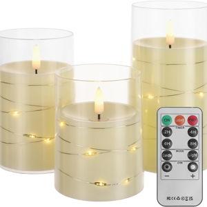 Flickering Flameless Candles with Embedded String Lights - Acrylic Battery Operated Candles with Remote, LED Pillar Candles for Valentines/Wedding Home Decor（White）
