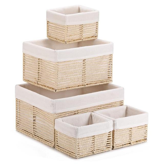 Vagusicc Wicker Storage Basket, Hand-Woven Paper Rope Wicker Baskets, Rectangular Small Wicker Baskets for Organizing, Cube Storage Bins for Closet/Clothes/Dresser, Beige, 5-Pack