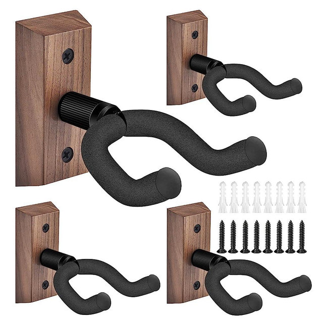 DOMMI Guitar Wall Mount 4 Pack, Guitar Holder with Adjustable Soft Guitar Hook for All Size Guitars, Hardwood U-Shaped Guitar Hanger Wall Mount for Acoustic, Electric Guitar, Bass, Black Walnut