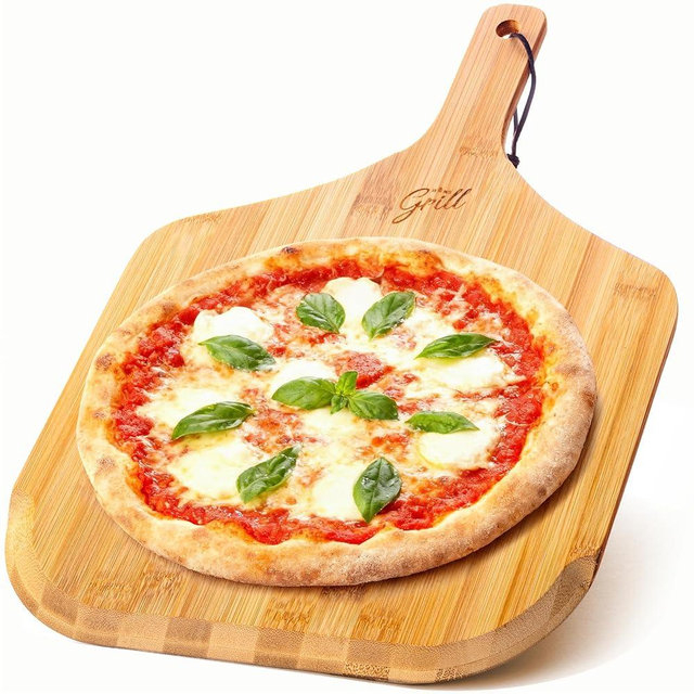 HANS GRILL Wooden Pizza Peel 12 Inch - Bamboo Wood Pizza Peel 12 Inch Paddle For Oven - Restaurant Grade Natural Bamboo Paddle, Multi-use Spatula - Large Wooden Board For Serving and Transferring