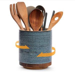 DOWAN 360° Rotating Extra Large Cooking Utensil Holder, 7.6" Kitchen Utensil Holder for Countertop, Utensil Crock for Farmhouse Kitchen Decor, Ceramic Stable Utensil Caddy, Blue