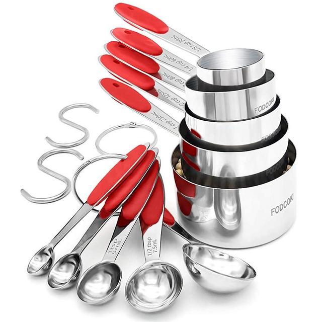 Cooking Measuring Cups and Spoons Set of 12, FODCOKI Real 18/8 Stainless Steel Measuring Spoons and Cups with Silicone Handle, for Dry & Liquid Ingredients, Red