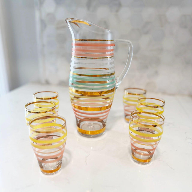 Vintage Rainbow Glass Pitcher with 6 Matching Beverage Glasses Set 1950's Hand Blown, Gold Stripe, Hand Painted, Retro Atomic Drinkware