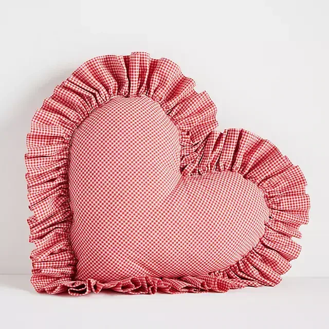 Gingham Cotton Ruffle Heart Pillow