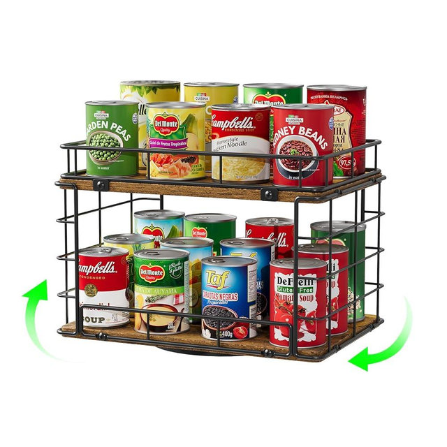360° Rotating Can Rack Organizer for Pantry, 2-Tier Lazy Susan Can Organizer Holds Up to 26 Soda Cans, Metal Wire & Wood Shelf with Turntable Storage for Kitchen Cabinet, Pantry & Countertop