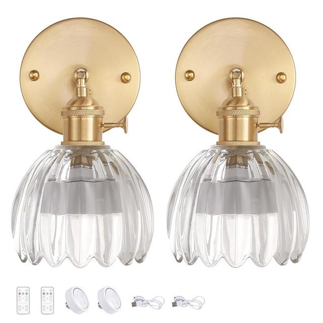 Shenmoyl Vintage Battery Operated Wall Sconce with Transparent Tulip Glass Lampshade Rechargeable Battery Powered Wall Light with Remote Control for Bedside Bedroom Doorway, Set of 2