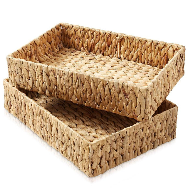 Casafield Set of 2 Bathroom Storage Baskets, Natural - Water Hyacinth, 15.75" W x 11.25" D x 3.25" H, Woven Toilet Tank Topper Bins for Organizing Tissues, Toilet Paper, Toiletries, Shelves
