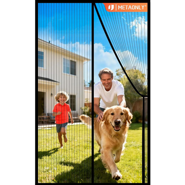 METAONLY Magnetic Screen Door Mesh, Works for Patio, Sliding Door, Keeps Bug Mosquito Out, Fresh Air Flow, Fits 36" x 80" Door - Curtain Size 38" x 82", Black with Stay-Open Straps