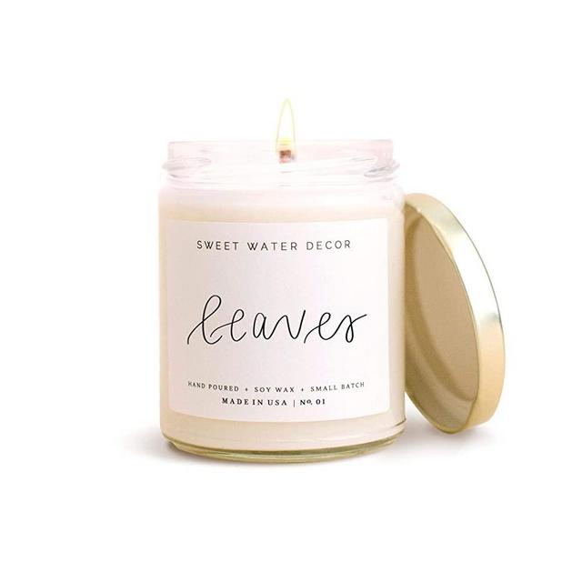 Sweet Water Decor Leaves Candle | Autumn, Cinnamon, Apple, Fall Scented Soy Wax Candle for Home | 9oz Clear Glass Jar, 40 Hour Burn Time, Made in the USA