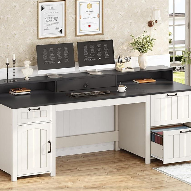 SEDETA Farmhouse 63" Executive Desk, Home Office Desk with File Drawer and Monitor Stand, Computer Desk with Drawers and Storage Cabinet, Wood Desk for Work Study Writing, White
