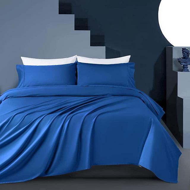 Shilucheng 100% Cooling Tencel Lyocell 4PC Queen Size Bed Sheets Set,Silky Soft & Smooth Breathable Sheets,16 Inch Deep Pockets,Machine Washable(Queen,Navy Blue)