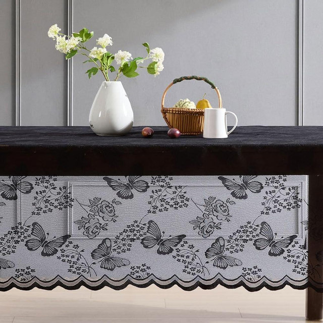HLC.ME Butterfly Floral Table Cover, Lace Fabric Table Cloth for Rectangle Tables, Wrinkle Resistant Tablecloth, Patterned Scalloped Tablecloth (60 W x 104 L, Black)