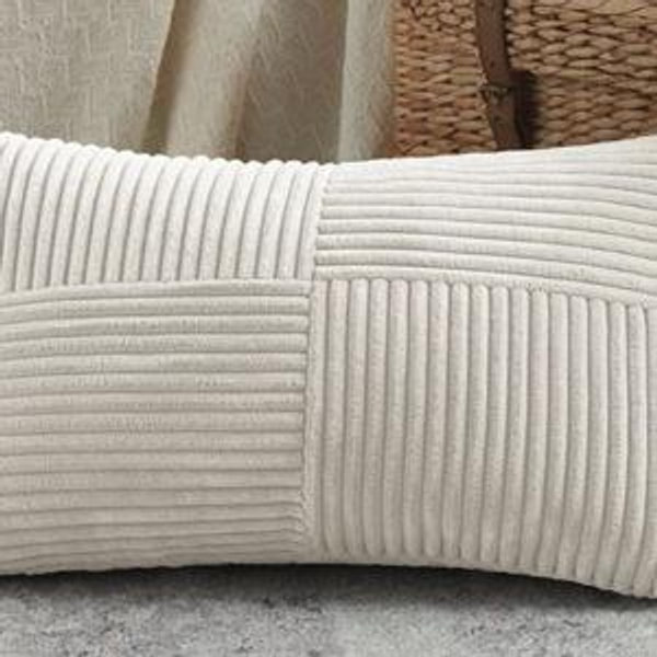 Fancy Homi Set of 1 Cream Long Lumbar Decorative Throw Pillow Covers 12x24 Inch for Couch Bed Sofa, Rustic Farmhouse Boho Home Decor, Soft Striped Corduroy Rectangle Accent Cushion Case 30x60 cm