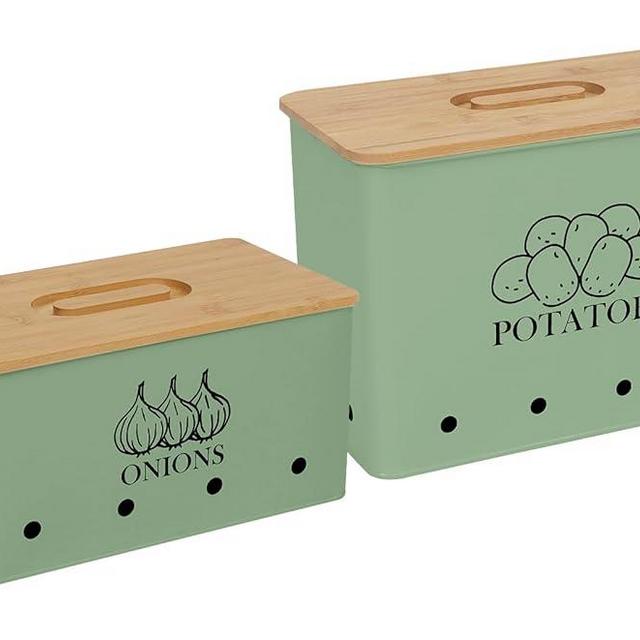Xbopetda Potato Onion Storage Box, Food Container Sets, Storage Canisters for Vegeatables, Set of 2 Jars Pots Containers, Potato & Onion Bin with Aerating Tin Storage Holes & Bamboo Lid-Green