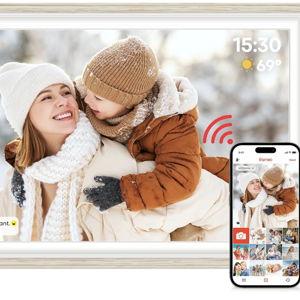 64GB Frameo 15.6" Digital Picture Frame Large 1920 x 1080 IPS FHD Touch Screen WiFi Electronic Photo Frames Share Moments Instantly Anywhere Best Gifts for Parents and Grandparents White Wood