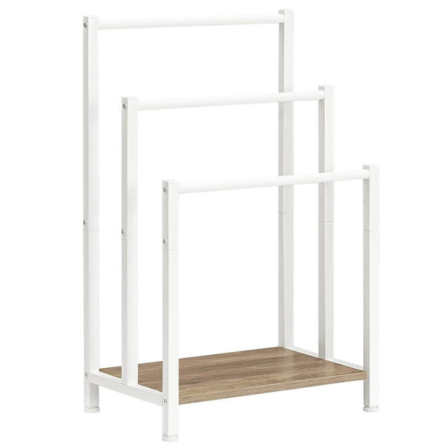 HOOBRO Free Standing Towel Rack, 3 Tier Blanket Rack, Blanket Holder for Bathroom, 16.9" L x 11" W x 31.9" H, Industrial Metal Drying and Display Rack with Shelf, White and Grey WG03LB01