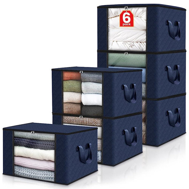 Fab totes 6 Pack Clothes Storage, Foldable Blanket Storage Bags, Storage Containers for Organizing Bedroom, Closet, Clothing, Comforter, Organization and Storage with Lids and Handle, Blue