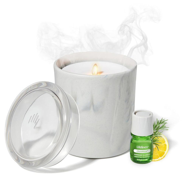 Lifelines Flameless Candle Aromatherapy Diffuser with ClickWick Essential Oil Blend - Cordless & Waterless Scent Diffuser for Home - Electric Candles with Blow Out Flame - Marble Design