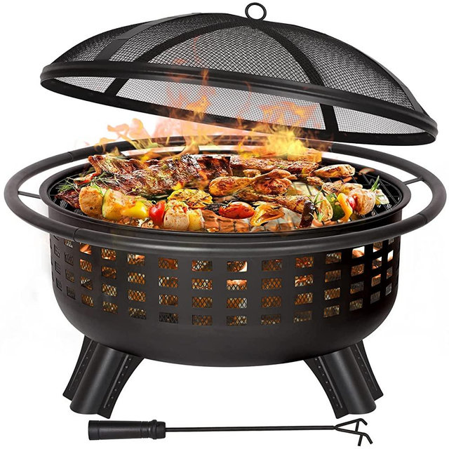 Hykolity 2 in 1 Fire Pit Outdoor Firepit with Cooking Grill, 31" Wood Burning Fire Pit Heavy Duty Steel Firepit Bowl with Spark Screen Cover Log Grate Fire Poker for Backyard Bonfire Patio