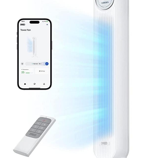 Dreo Tower Fan with Remote, Smart Oscillating Quiet Fans for Bedroom, Bladeless Standing Cooling Floor Fan with WiFi Voice Control Blow Cold Air, 4 Modes, 4 Speeds, 8H Timer, Works with Alexa/Google