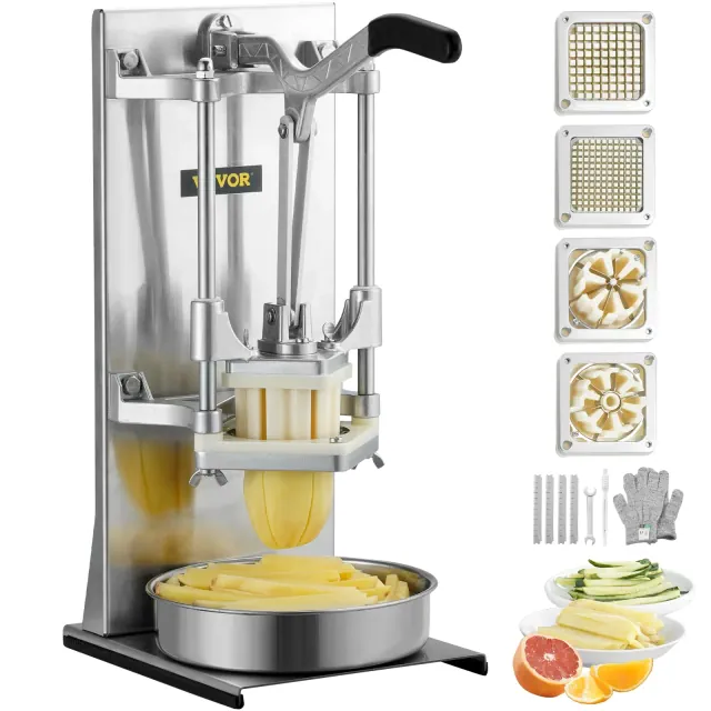 VEVOR Commercial French Fry Cutter with 4 Replacement Blades, 1/4″ and 3/8″ Blade Easy Dicer Chopper, 6-wedge Slicer and 6-wedge Apple Corer